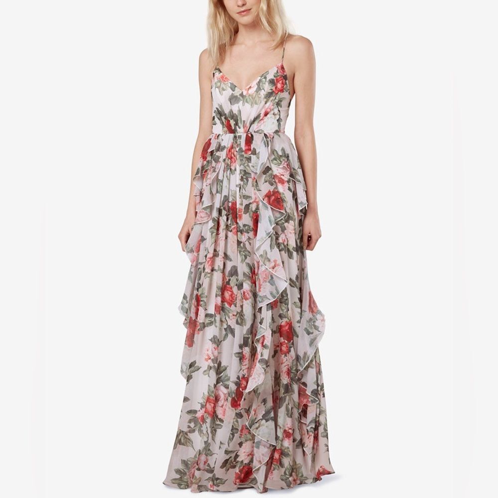 Fame and Partners Floral Ruffle Maxi Dress in White with Red and Green Print